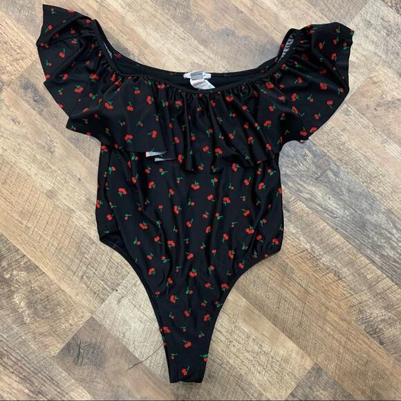 REVAMPED Cherry Print Off Shoulder Ruffle Front One Piece Swimsuit - Picture 1 of 10